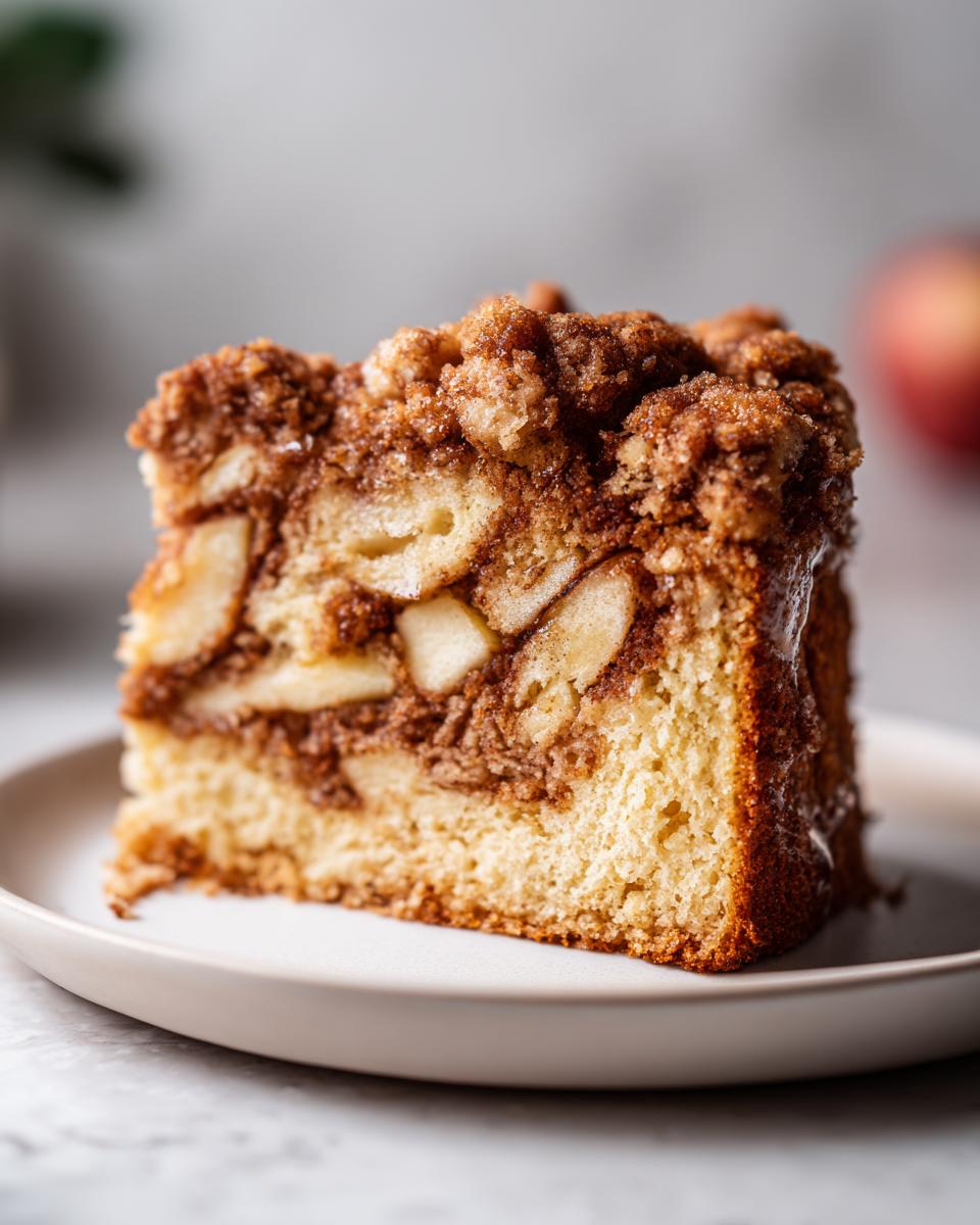 Close-up of a moist slice of amazing apple coffee cake featuring chunks of apple and a thick cinnamon streusel topping.