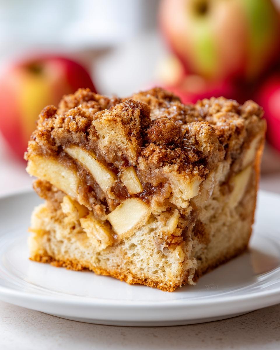 A close-up of a moist slice of apple coffee cake featuring visible apple chunks and a thick cinnamon streusel topping.