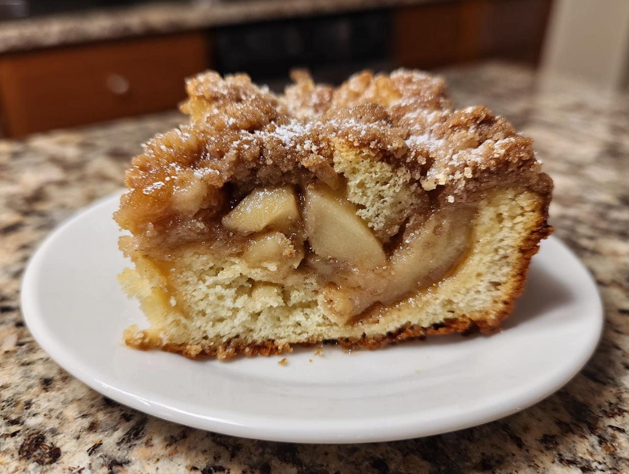 A close-up of a moist slice of apple coffee cake featuring tender baked apples and a cinnamon streusel topping.