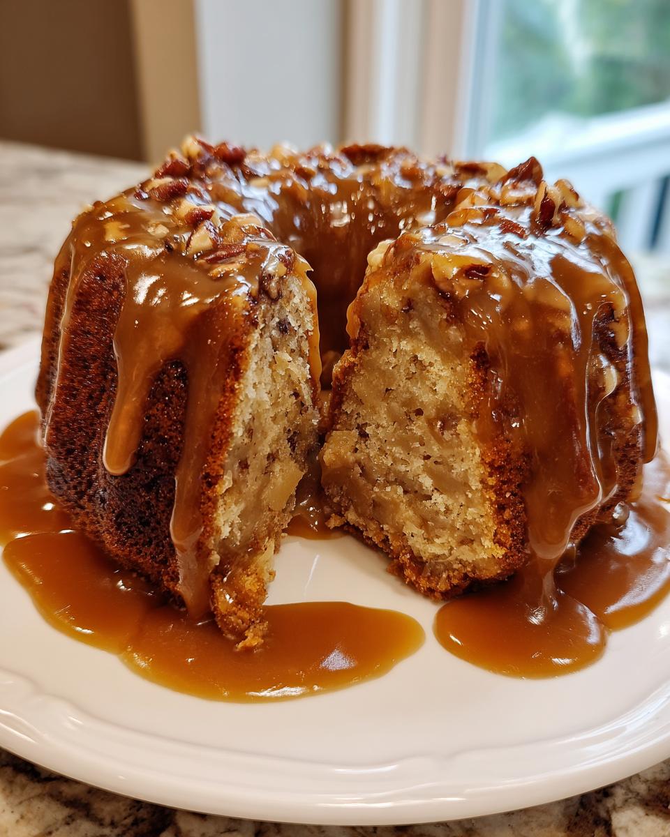 A moist apple dapple cake, sliced open, covered in rich caramel sauce and pecans.
