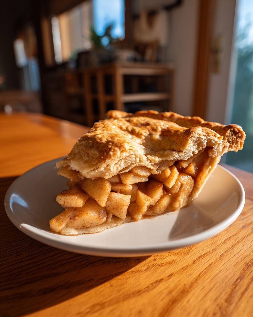 A close-up slice of amazing apple pie recipe showing flaky crust and cinnamon-spiced apple filling.