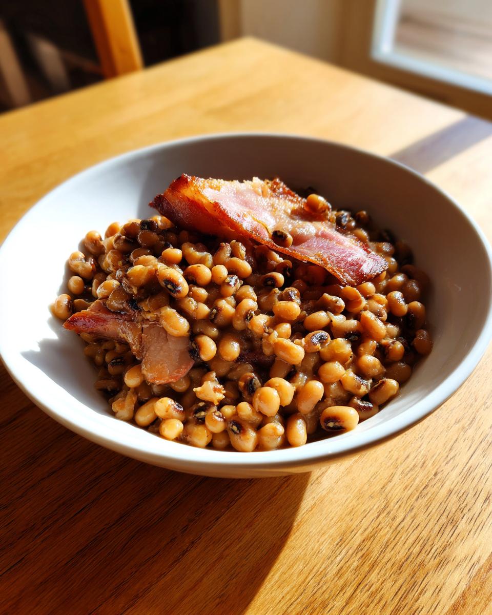 A white bowl filled with cooked black eyed peas recipe topped with two strips of crispy bacon.