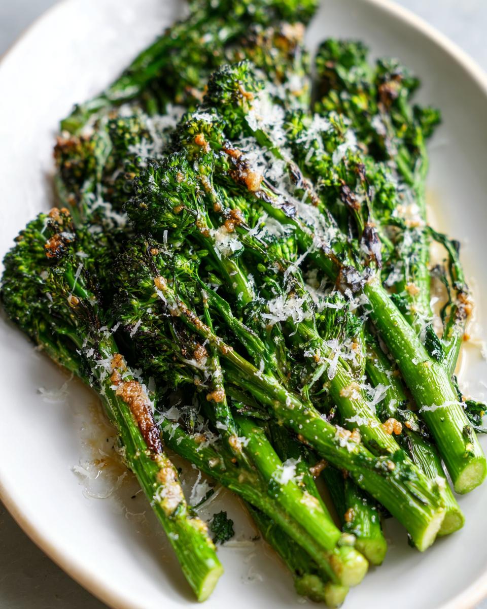 Close-up of bright green, roasted broccolini stalks topped with grated Parmesan cheese and garlic butter.
