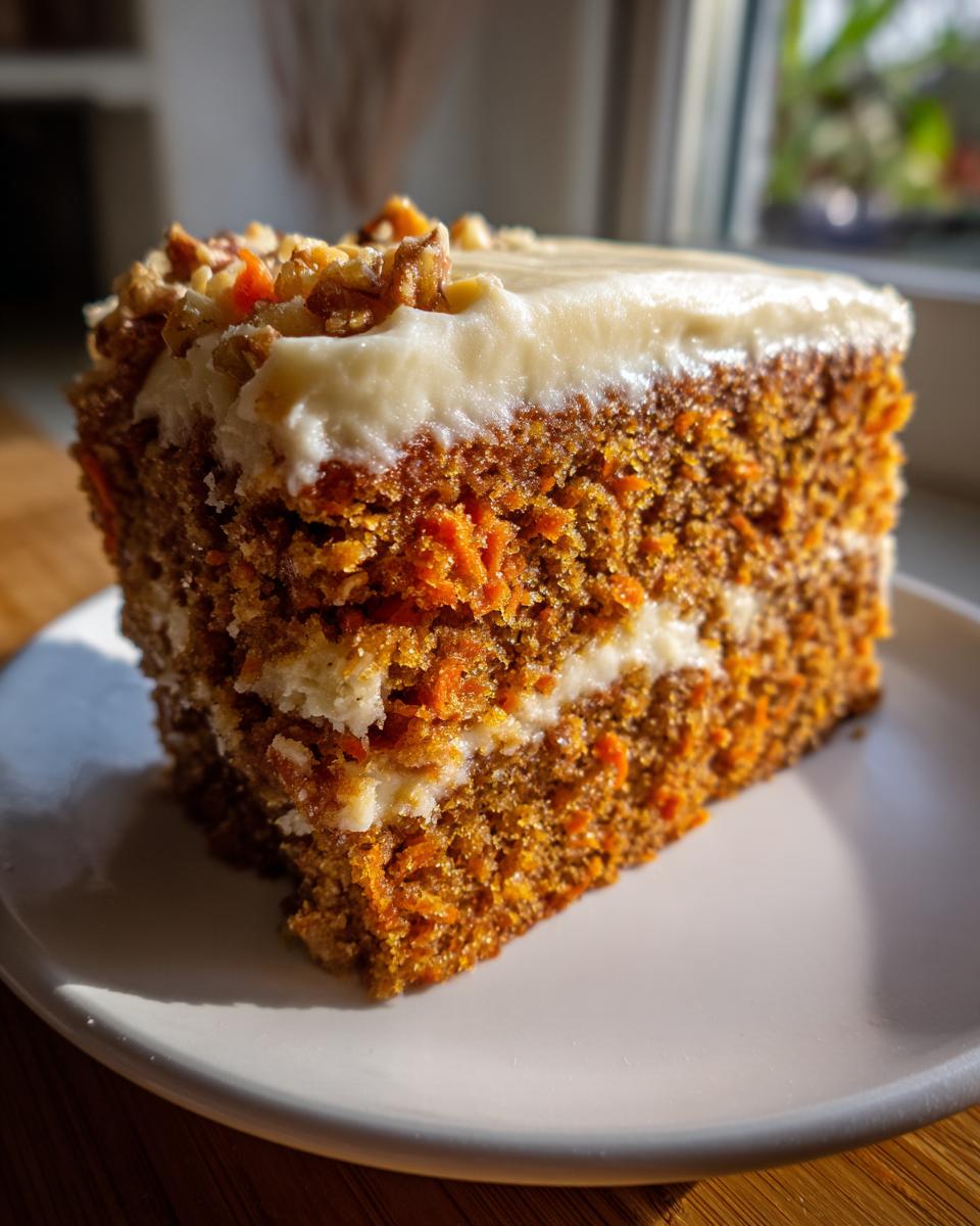 A tall slice of moist carrot cake recipe showing visible shredded carrots, cream cheese filling, and a thick layer of frosting topped with walnuts.