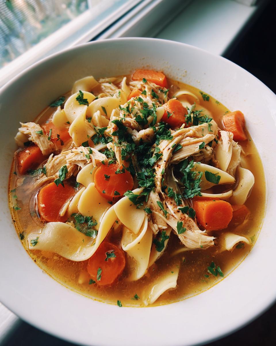 Close-up of a white bowl filled with amazing chicken noodle soup, featuring shredded chicken, wide egg noodles, carrots, and parsley.