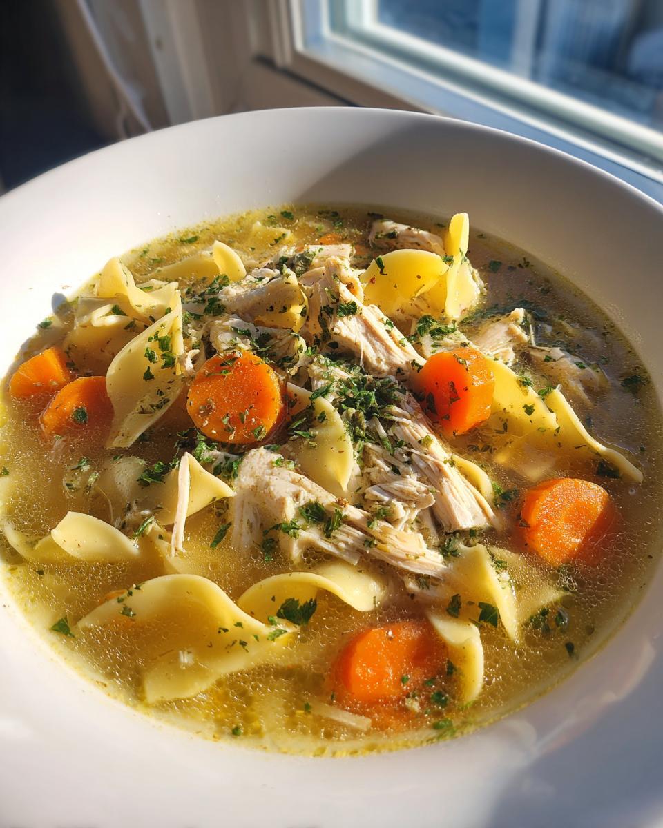 Close-up of a hearty bowl of chicken noodle soup featuring shredded chicken, egg noodles, and sliced carrots, garnished with parsley.