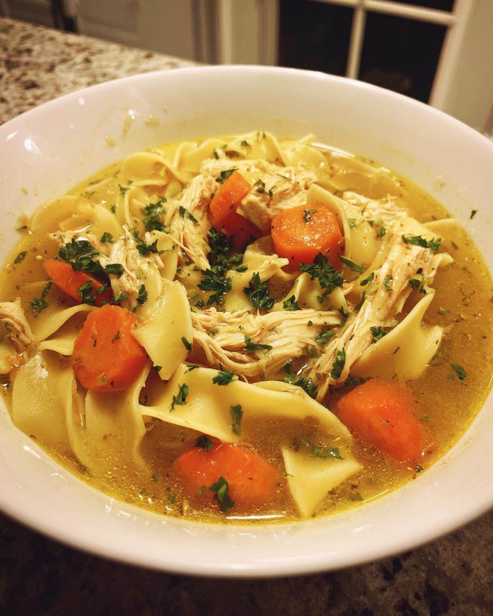 Close-up of a white bowl filled with amazing chicken noodle soup, featuring shredded chicken, wide egg noodles, and sliced carrots.