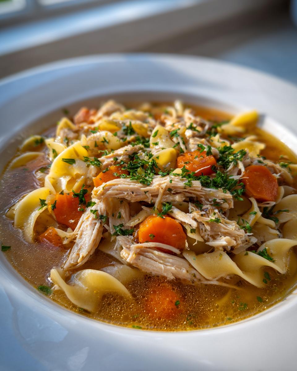 A close-up of amazing chicken noodle soup featuring shredded chicken, bright orange carrots, egg noodles, and fresh parsley garnish.