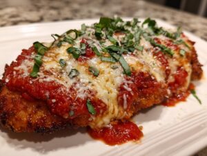 Close-up of a perfectly cooked chicken parmesan recipe topped with melted mozzarella, marinara sauce, and fresh basil.