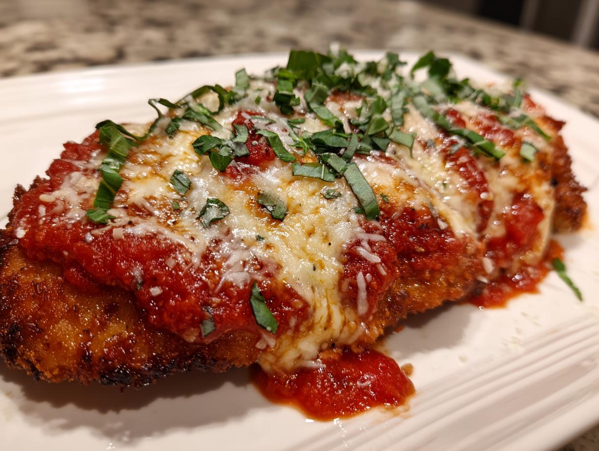 Close-up of a perfectly cooked chicken parmesan recipe topped with melted mozzarella, marinara sauce, and fresh basil.