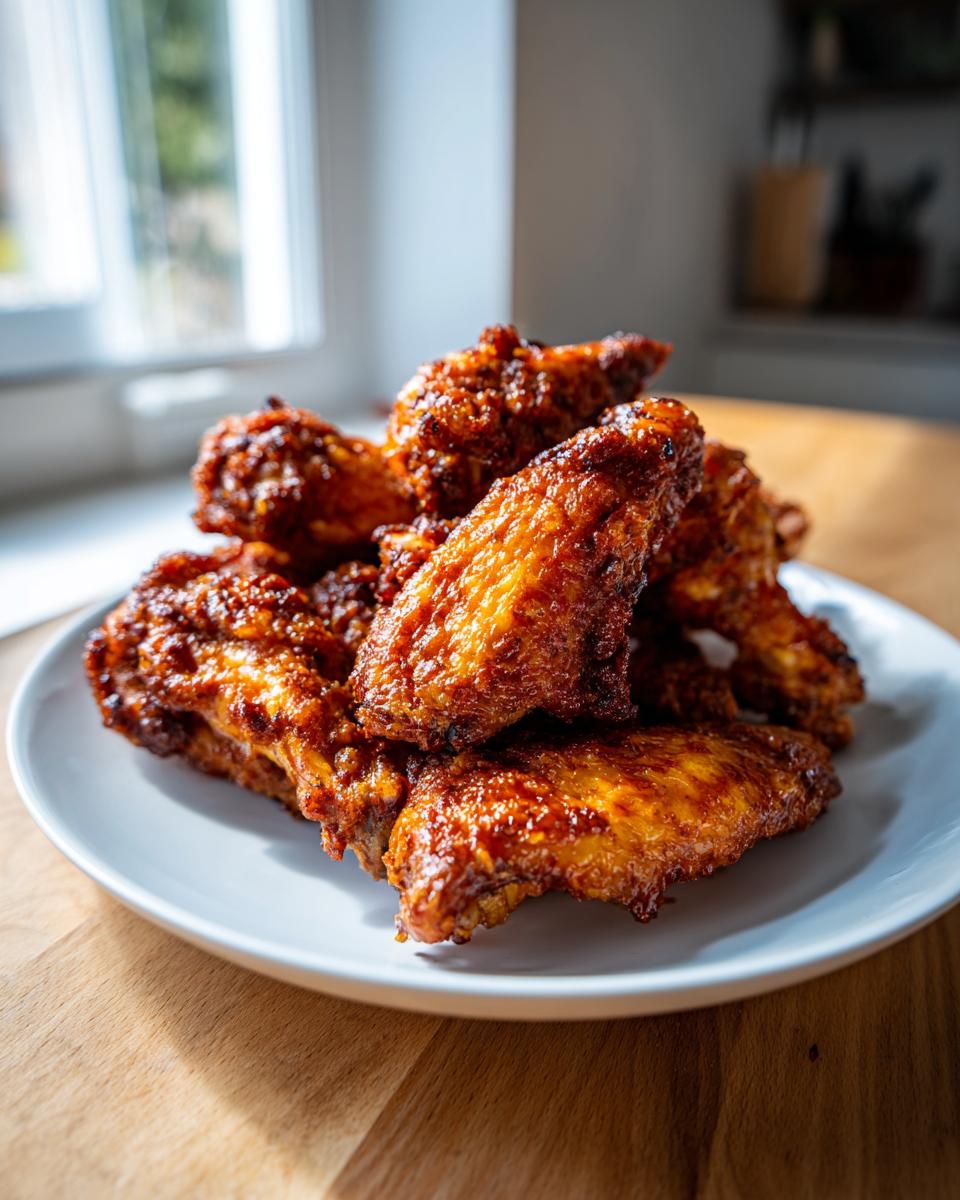 A pile of crispy, glazed chicken wings served on a white plate, highlighting one of the 5 amazing chicken wings secrets.