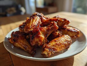 A plate piled high with crispy, glazed chicken wings, highlighted by bright sunlight.
