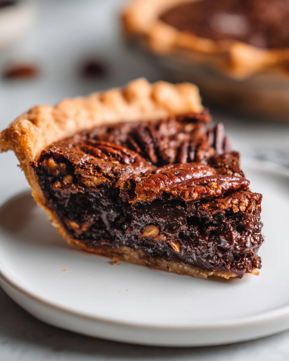 Close-up of a rich slice of chocolate pecan pie showing the gooey filling and pecan topping.