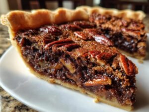 A close-up of a thick slice of rich chocolate pecan pie showing the gooey filling and pecan topping.