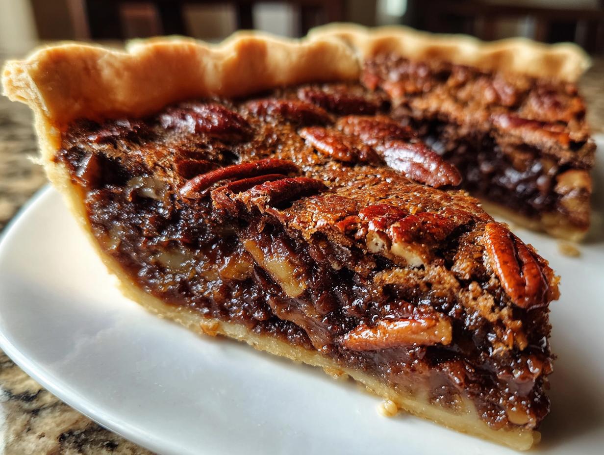 A close-up of a thick slice of rich chocolate pecan pie showing the gooey filling and pecan topping.