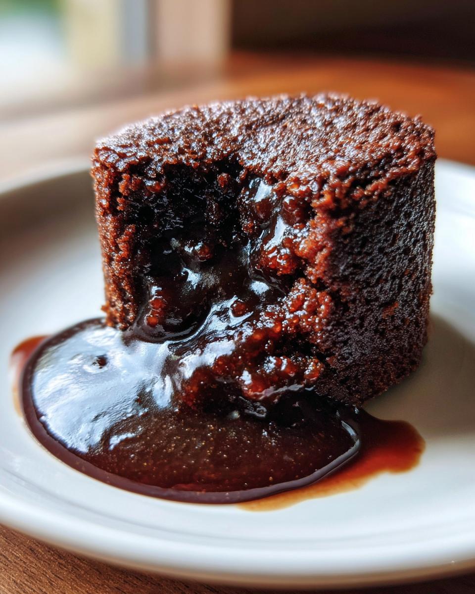 Close-up of a single serving chocolate pudding cake with a gooey, molten center oozing onto a white plate.