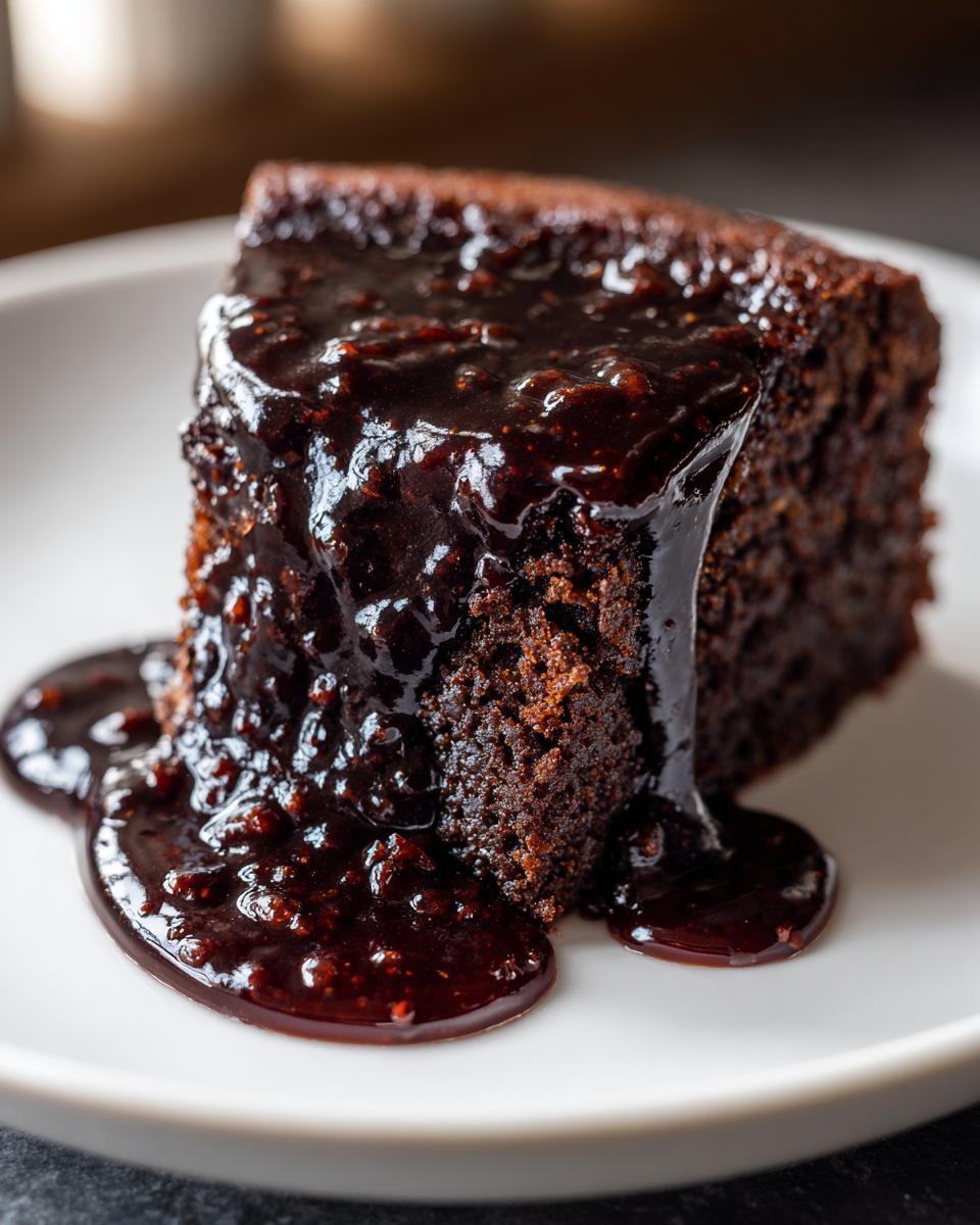 Close-up of a moist slice of chocolate pudding cake generously covered in rich, dark chocolate sauce.