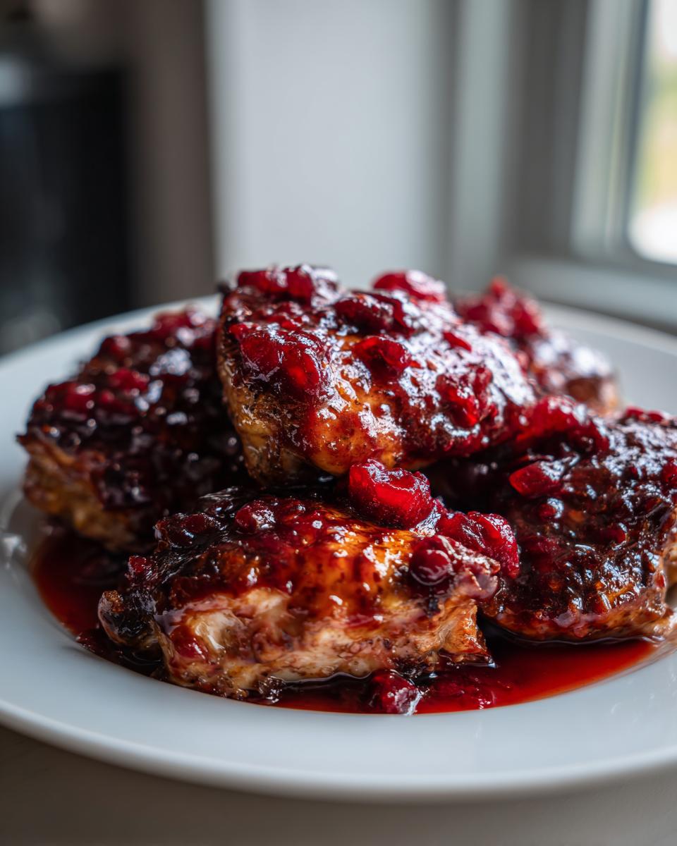Close-up of baked chicken pieces generously coated in a thick, glossy cranberry sauce, showcasing the amazing cranberry chicken recipe.