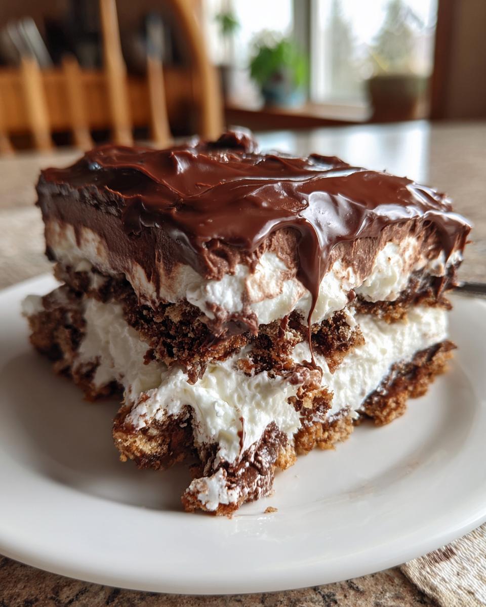 A rich slice of amazing eclair cake featuring layers of chocolate crust, white cream filling, and thick chocolate glaze.
