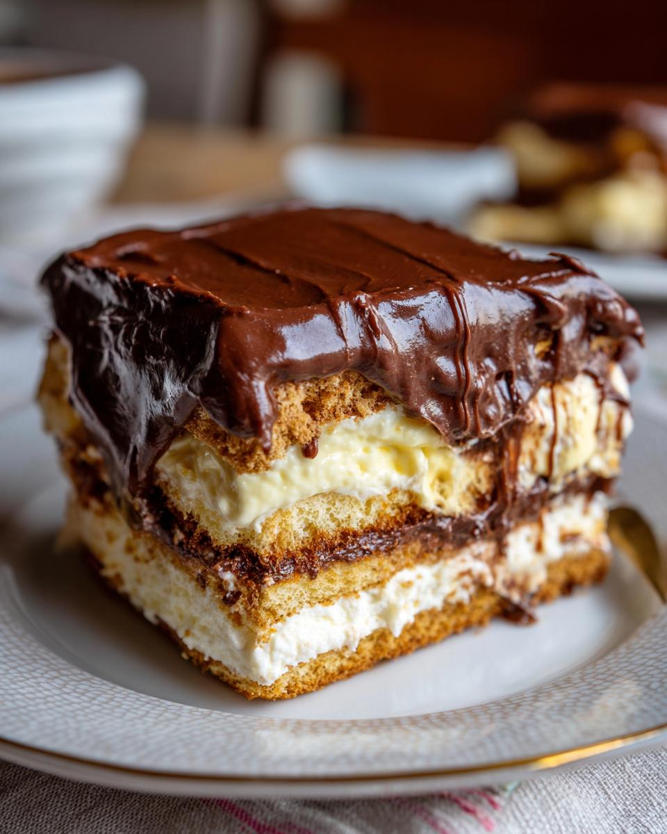 Close-up of a square slice of amazing eclair cake layered with cream and topped with rich chocolate ganache.