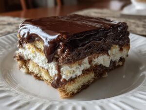A close-up of a layered slice of amazing eclair cake with creamy filling and glossy chocolate topping.