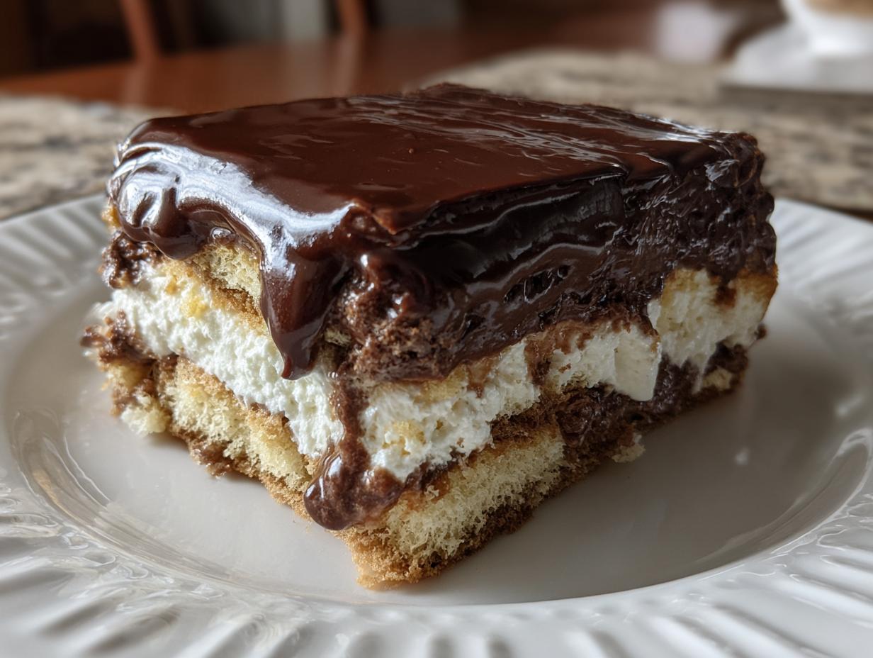 A close-up of a layered slice of amazing eclair cake with creamy filling and glossy chocolate topping.