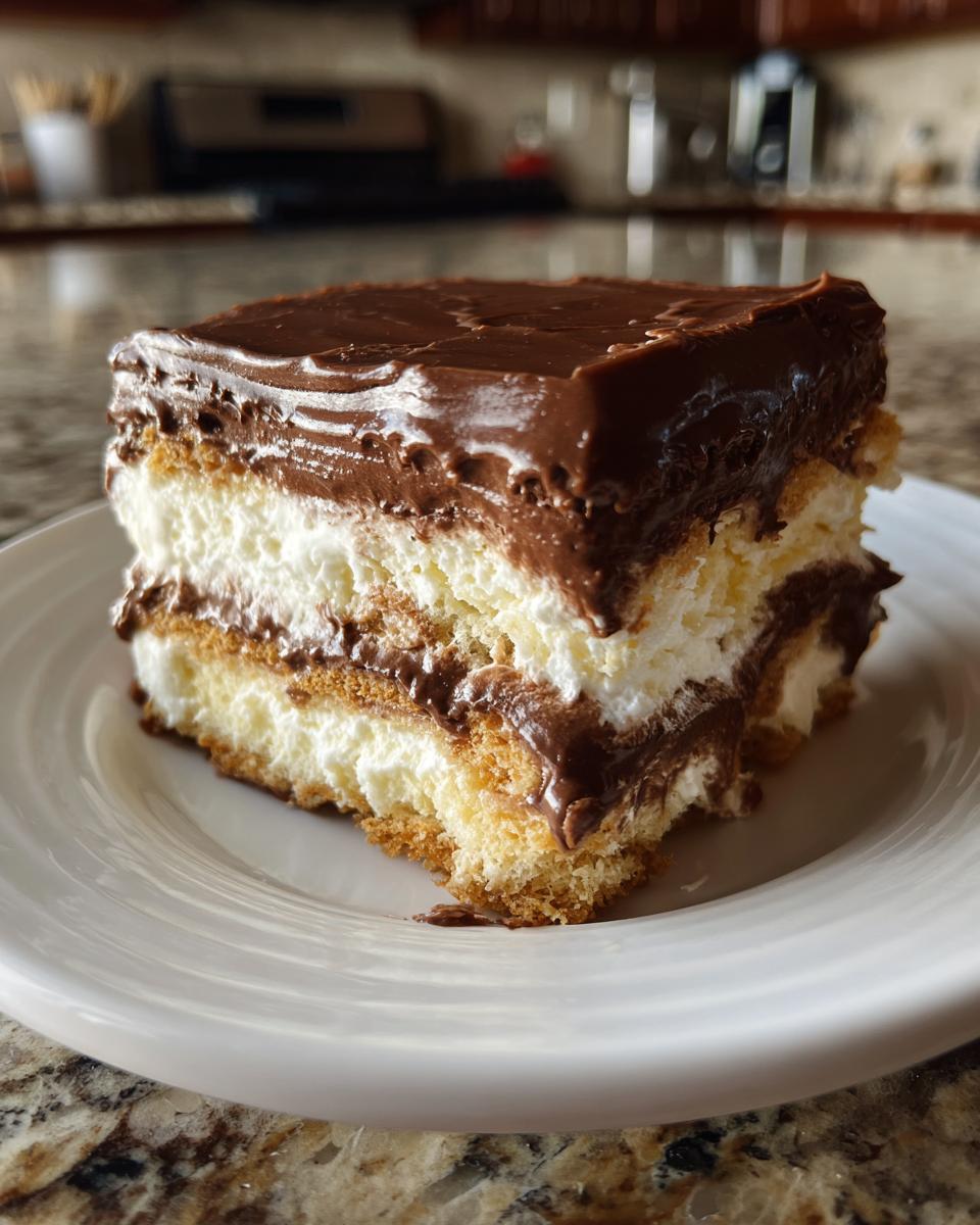 A close-up of a decadent slice of eclair cake showing layers of cake, cream filling, and rich chocolate frosting.