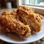 Close-up of perfectly cooked fried chicken showing crispy golden crust and moist interior.