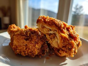 Close-up of two pieces of amazingly crispy fried chicken, one cut open to show juicy interior.