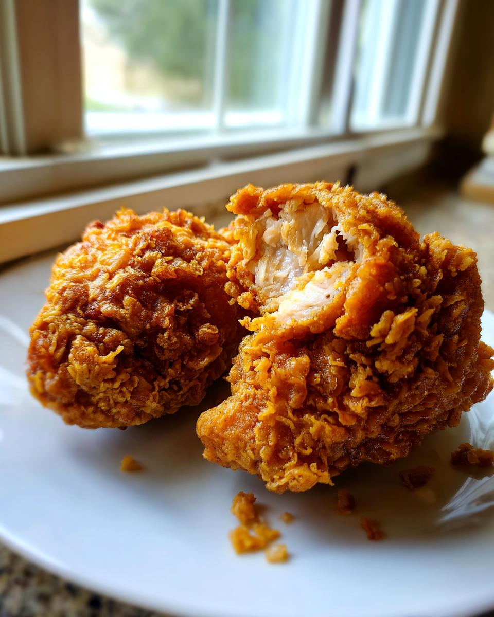 Two pieces of incredibly crispy, golden brown fried chicken on a white plate, one piece broken open to show the juicy interior.