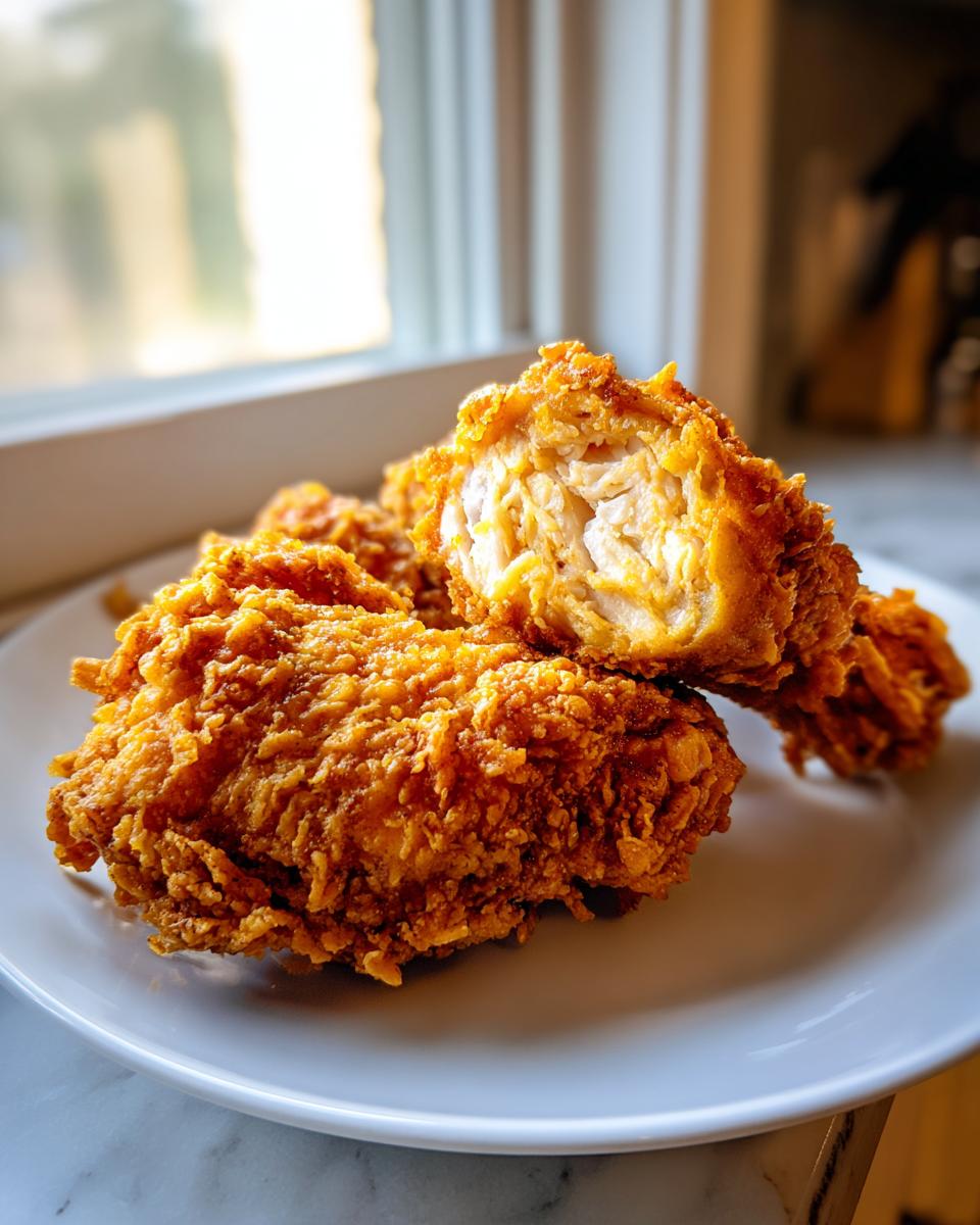 Close-up of perfectly cooked fried chicken showing the crispy golden crust and juicy white meat inside.