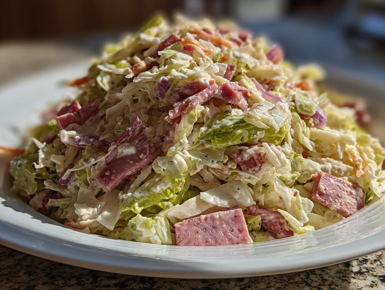 A close-up of a creamy, hearty grinder salad featuring chopped lettuce, salami pieces, and a creamy dressing.