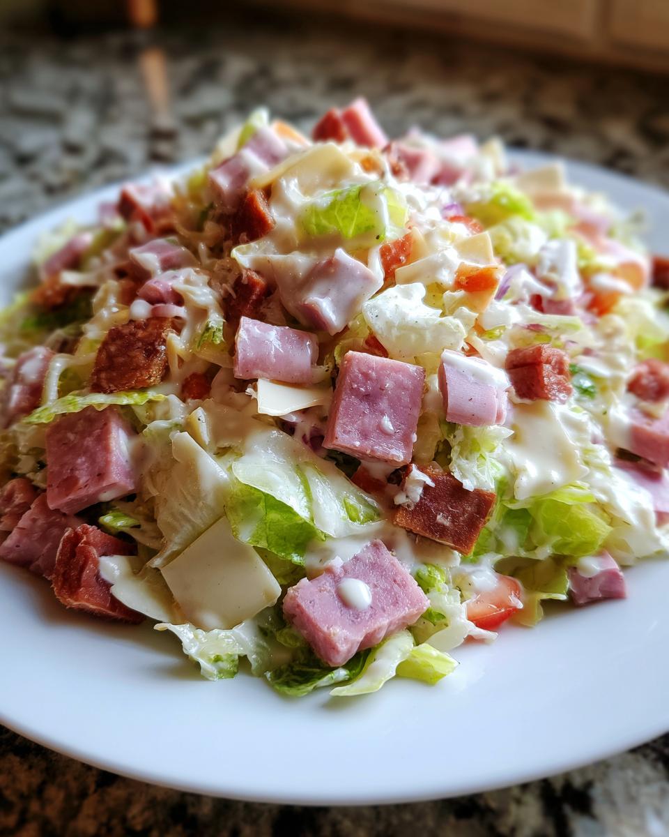 A close-up of a hearty grinder salad featuring chopped lettuce, cubed ham, salami, cheese, and creamy dressing.