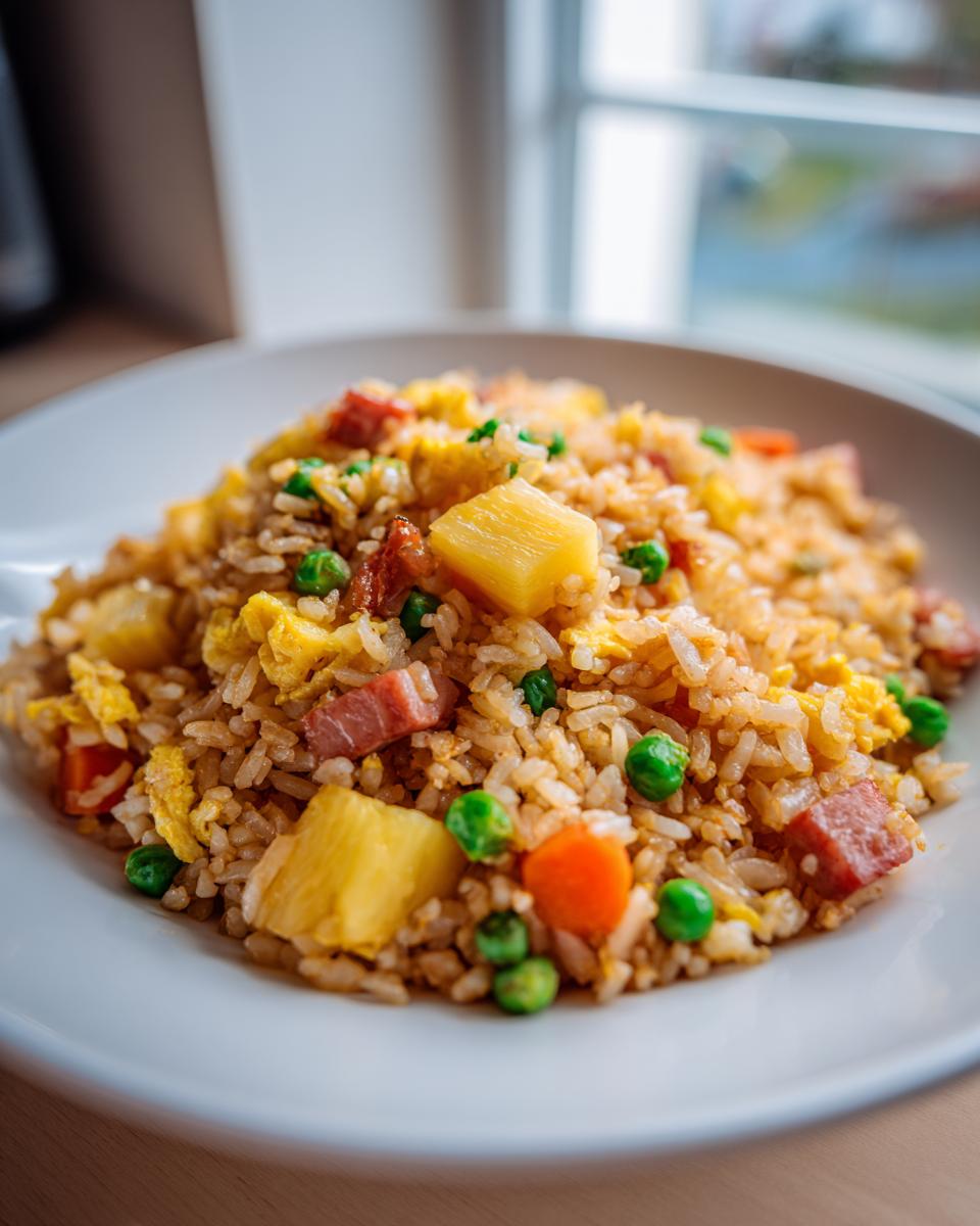 Close-up of a white bowl filled with flavorful pineapple fried rice, featuring chunks of pineapple, ham, peas, and scrambled egg.