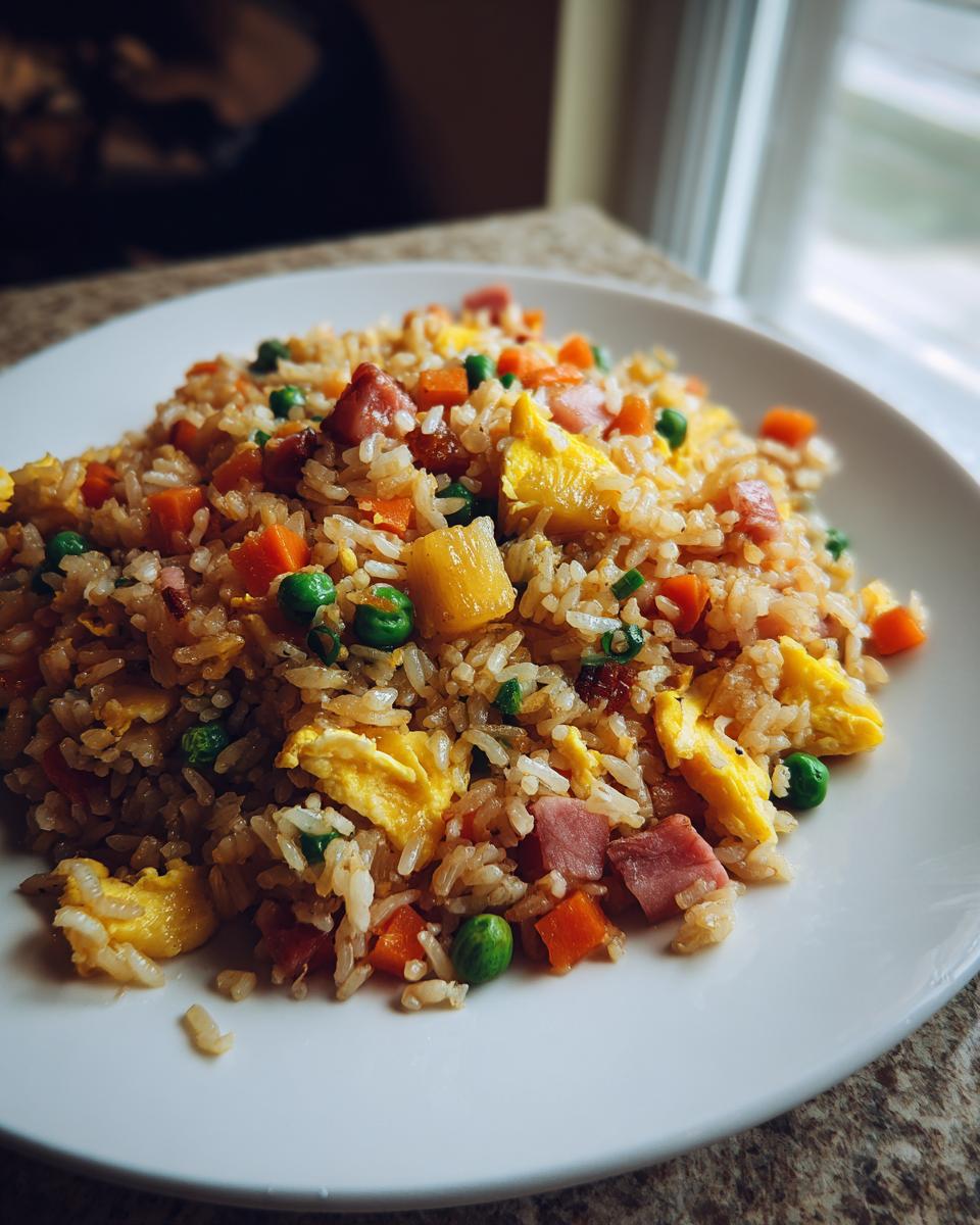 A close-up view of a serving of amazing pineapple fried rice mixed with scrambled egg, diced ham, peas, and carrots on a white plate.