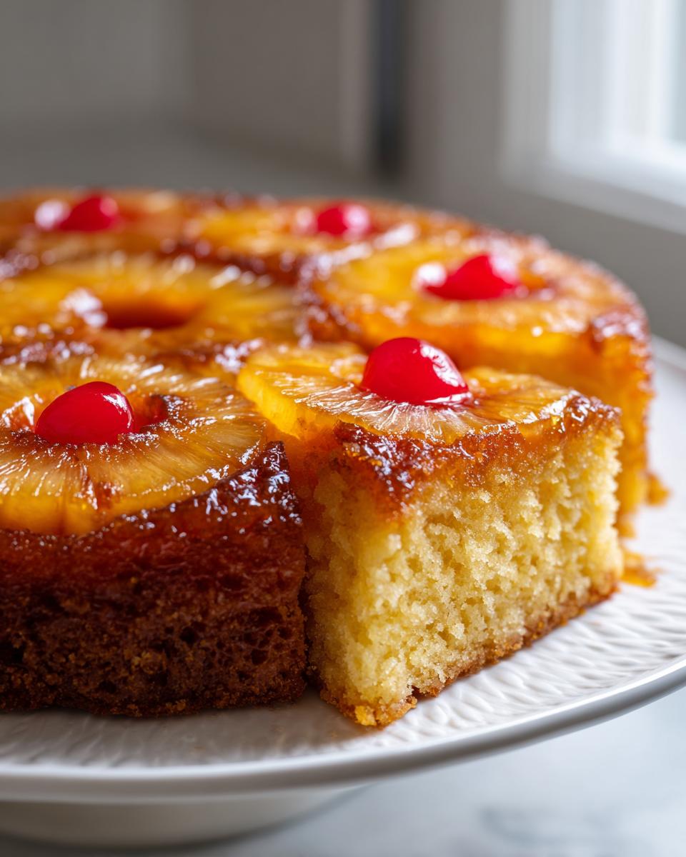 Close-up of a slice cut from a moist pineapple upside down cake topped with caramelized pineapple rings and cherries.