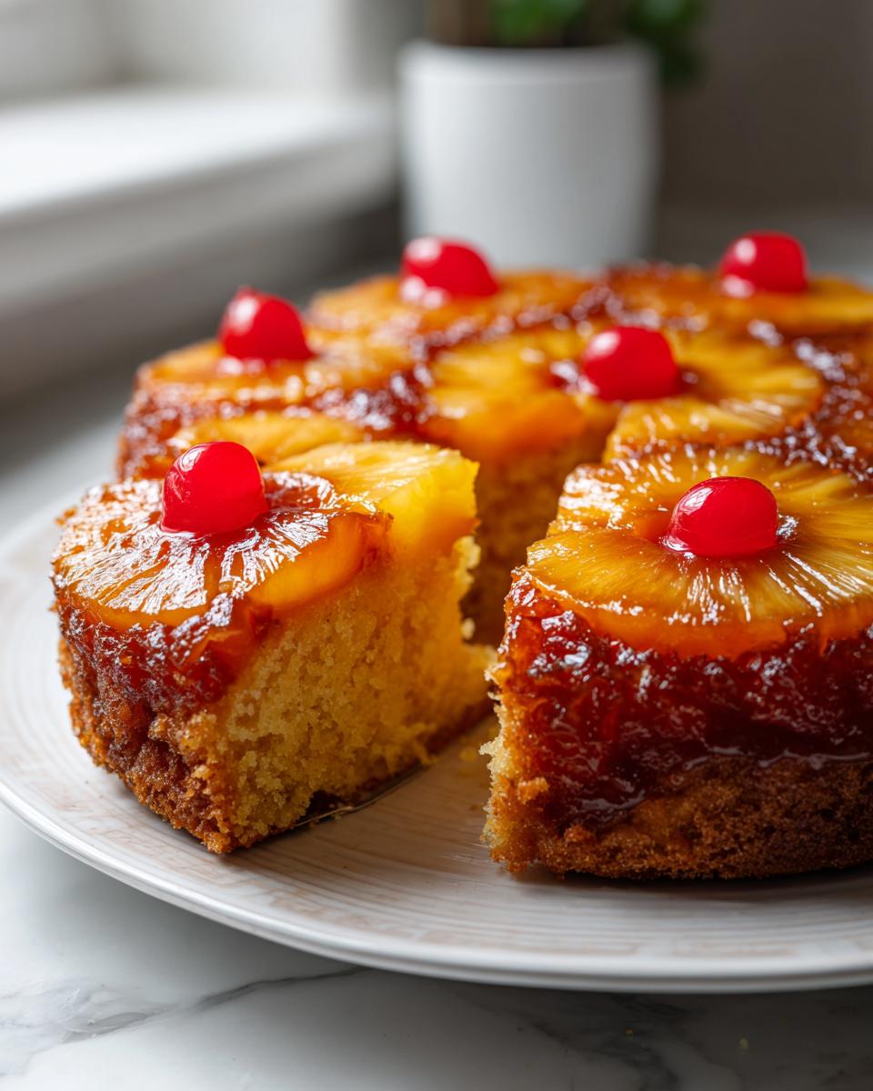 A slice being removed from a moist pineapple upside down cake topped with caramelized pineapple rings and maraschino cherries.