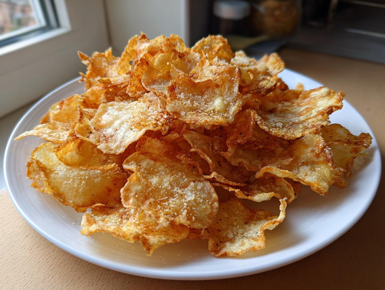 A generous pile of golden, crispy homemade potato chips seasoned with salt on a white plate.