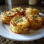 Five perfectly baked, golden brown potato stacks garnished with fresh parsley on a white plate.