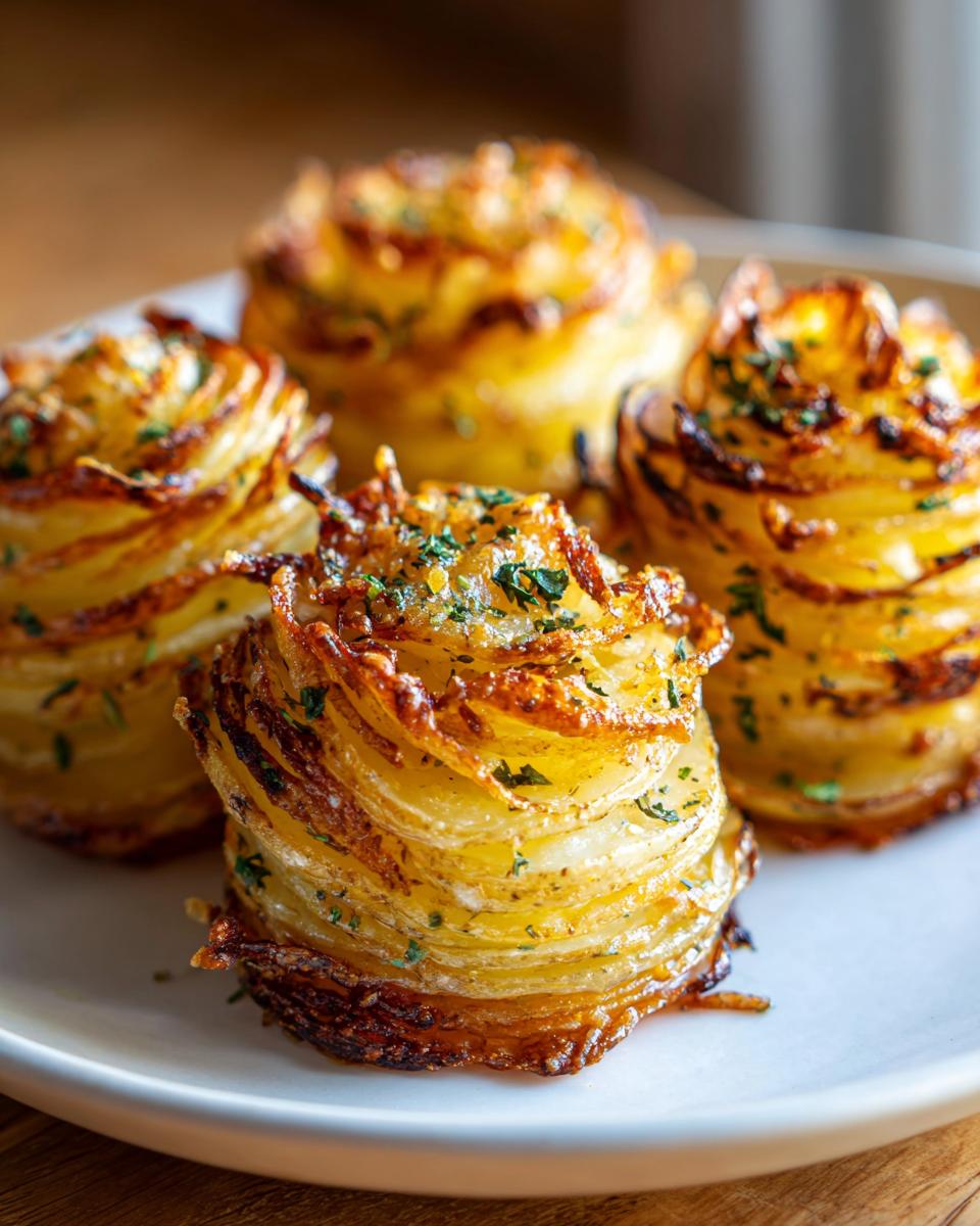 Four crispy, golden brown potato stacks made from thinly sliced potatoes, garnished with parsley.
