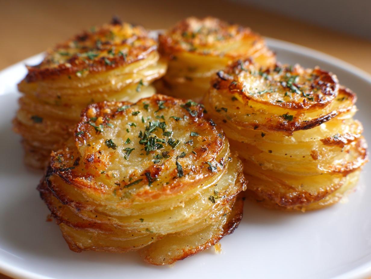 Four perfectly baked, golden brown potato stacks garnished with chopped parsley on a white plate.