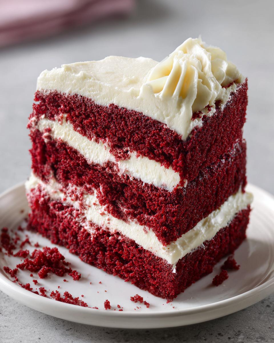 A tall slice of rich red velvet cake with thick layers of white cream cheese frosting.