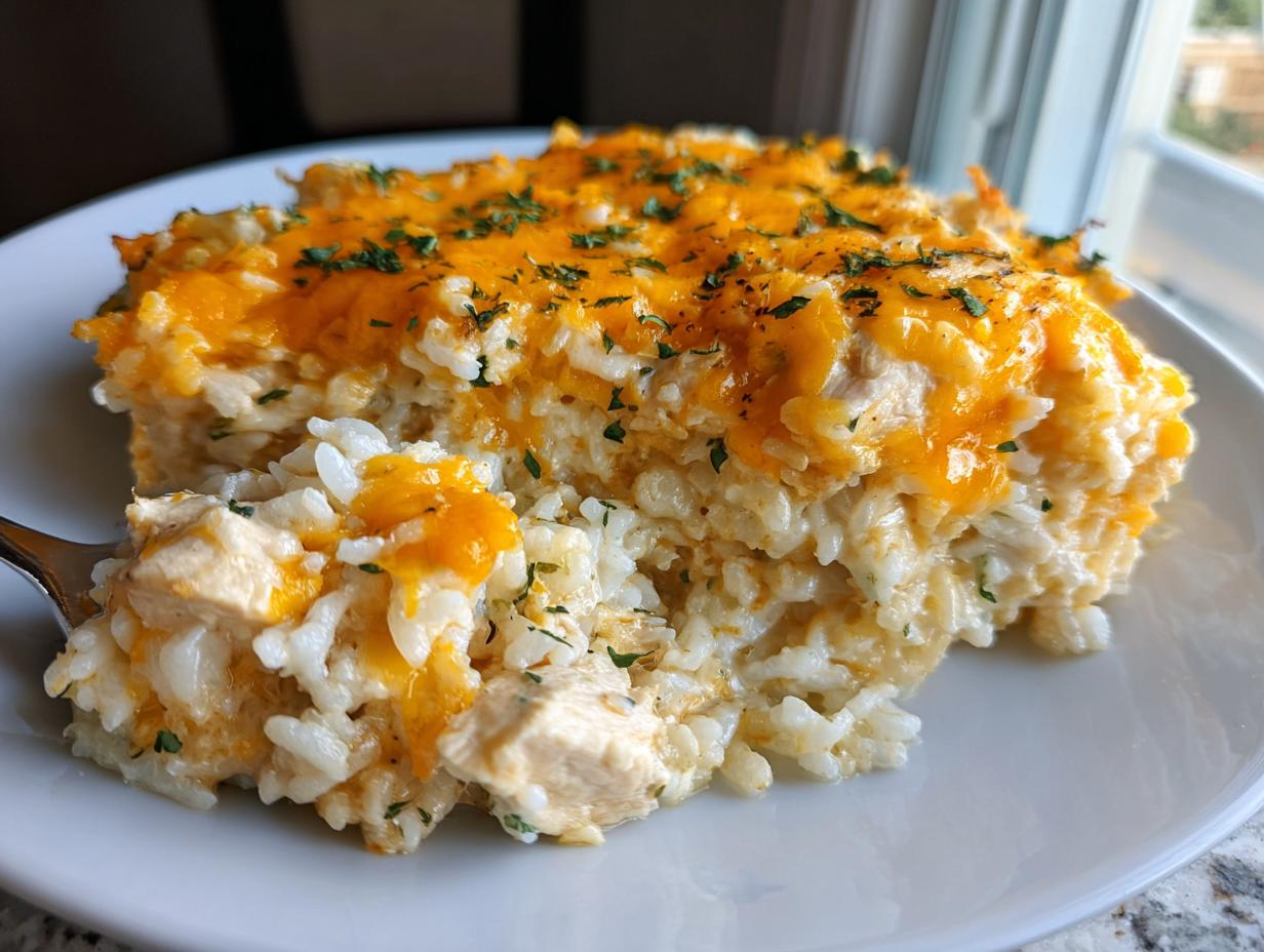 A close-up of a creamy chicken and rice casserole topped with melted cheddar cheese and parsley.