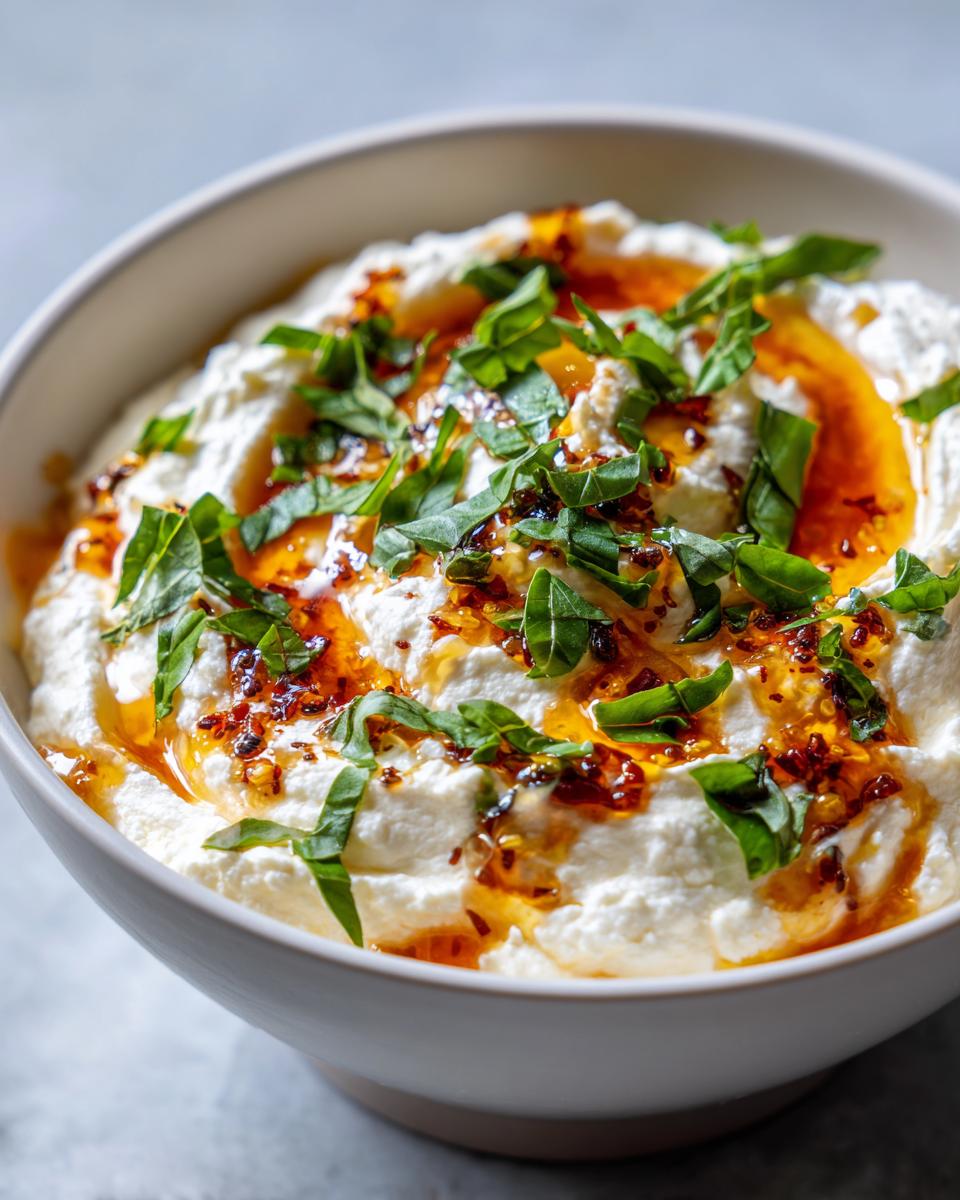 Close-up of a creamy ricotta dip drizzled with chili oil and fresh basil leaves.