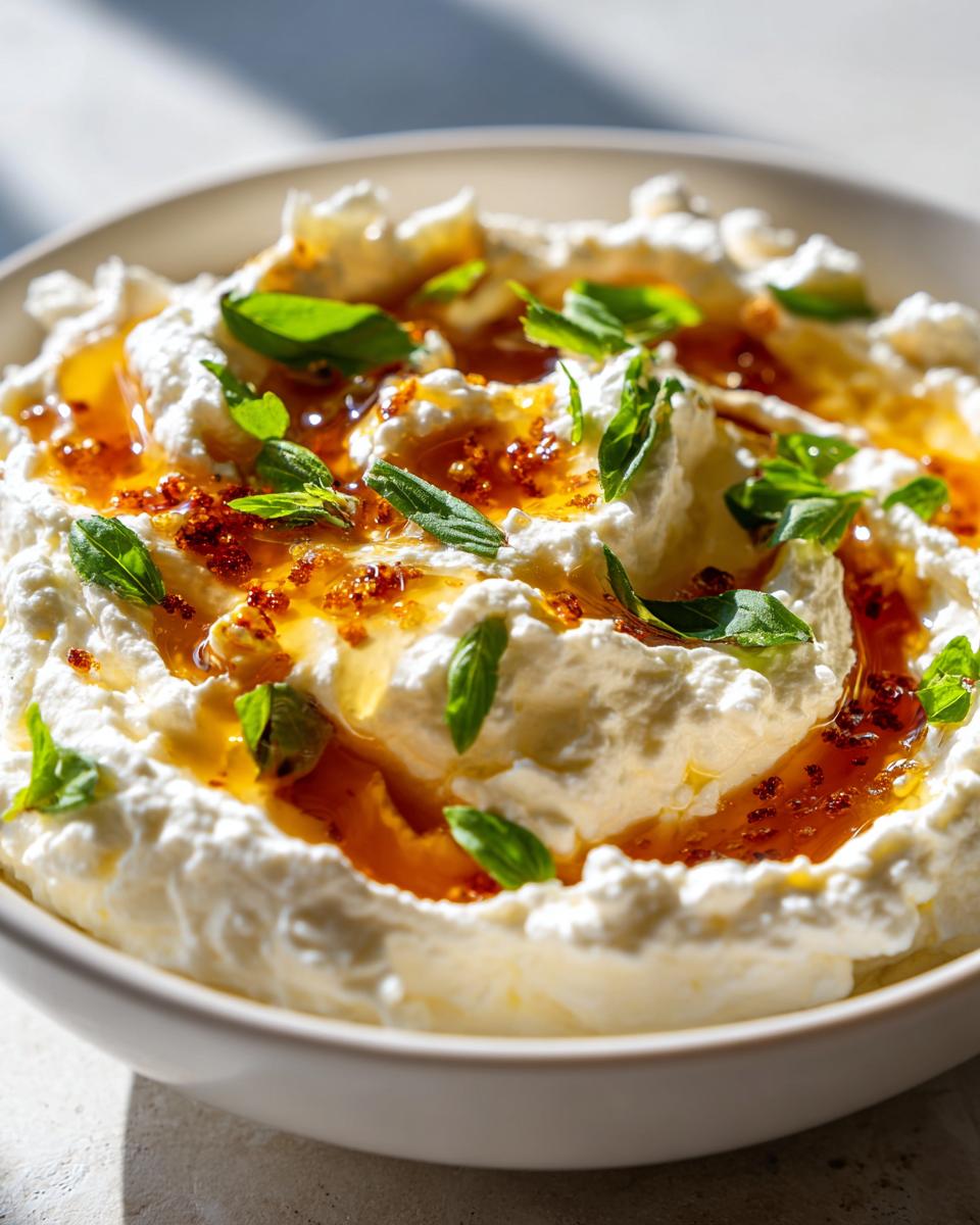 Close-up of creamy ricotta dip drizzled with golden honey and topped with fresh basil leaves.