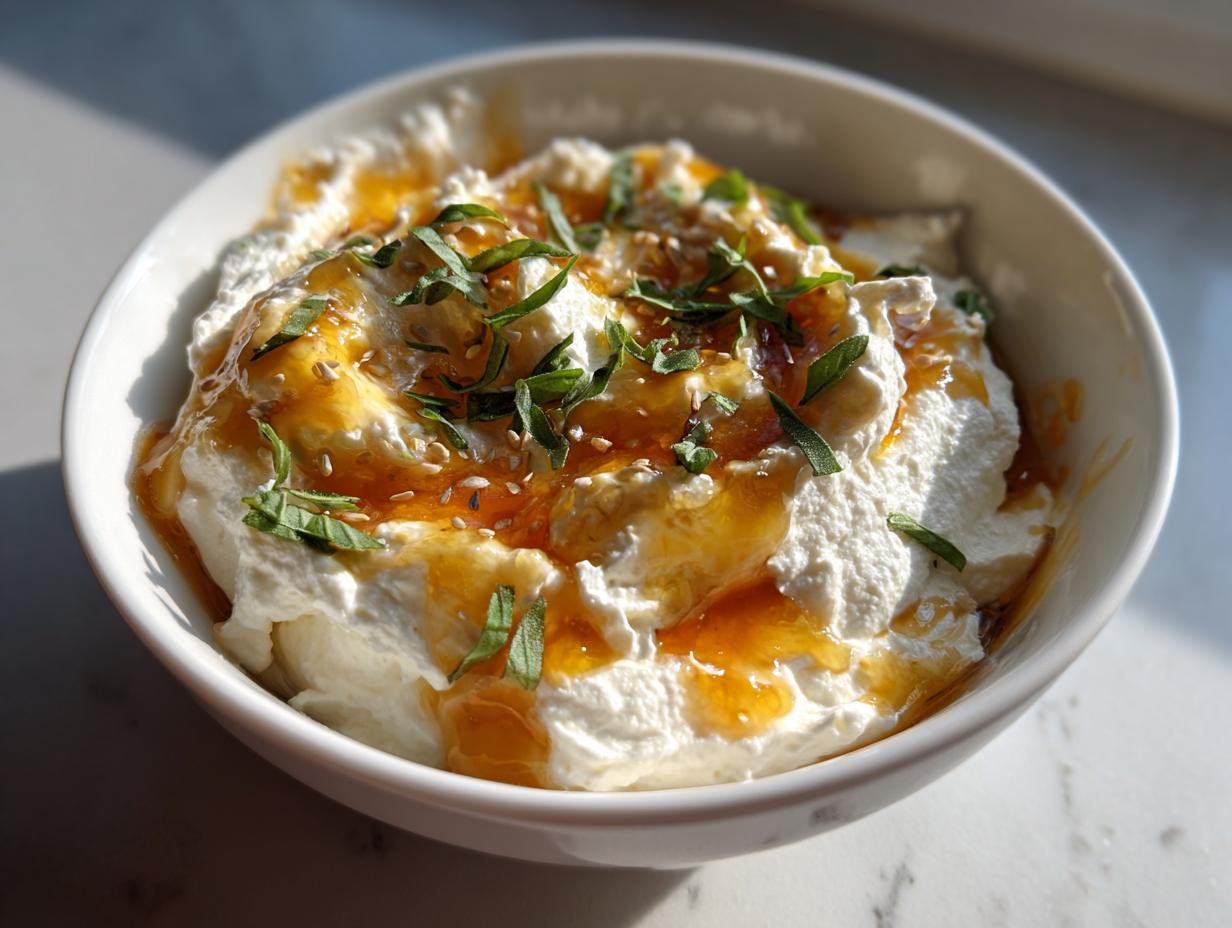 A close-up of a bowl filled with creamy ricotta dip, drizzled with golden honey and topped with fresh herbs and sesame seeds.