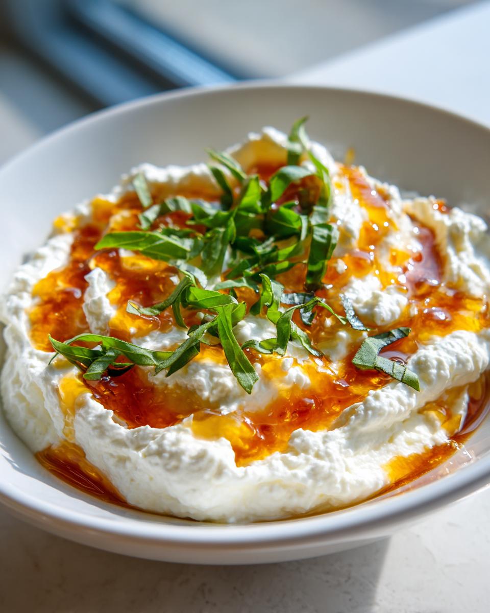 Close-up of a creamy white ricotta dip topped with amber honey and fresh green herbs.