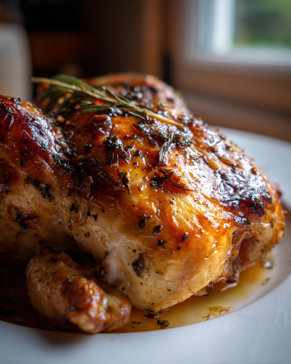 Close-up of a perfectly cooked, juicy roasted chicken with crispy, golden-brown skin seasoned with herbs.