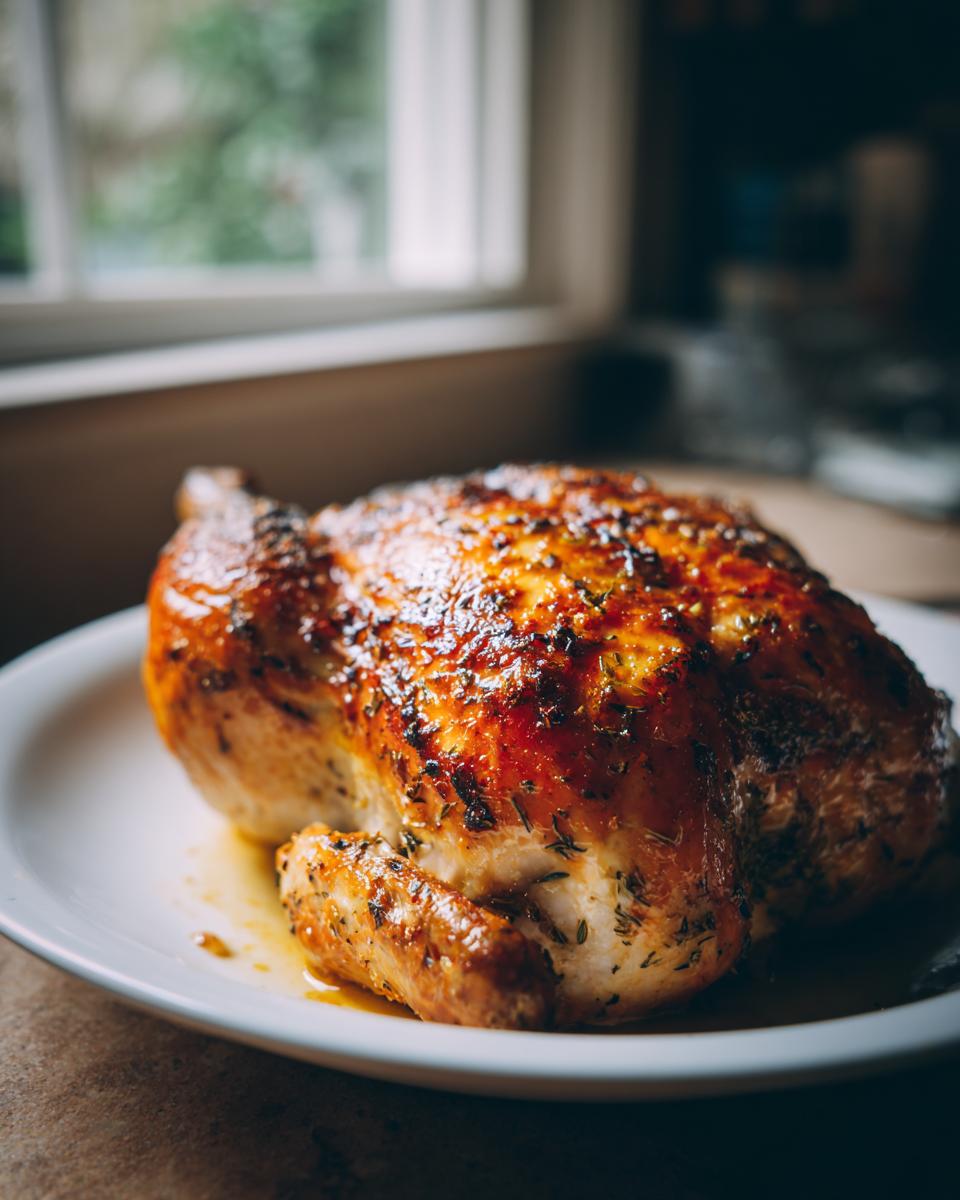 A whole roasted chicken with glistening, crispy, herb-rubbed skin resting on a white plate.