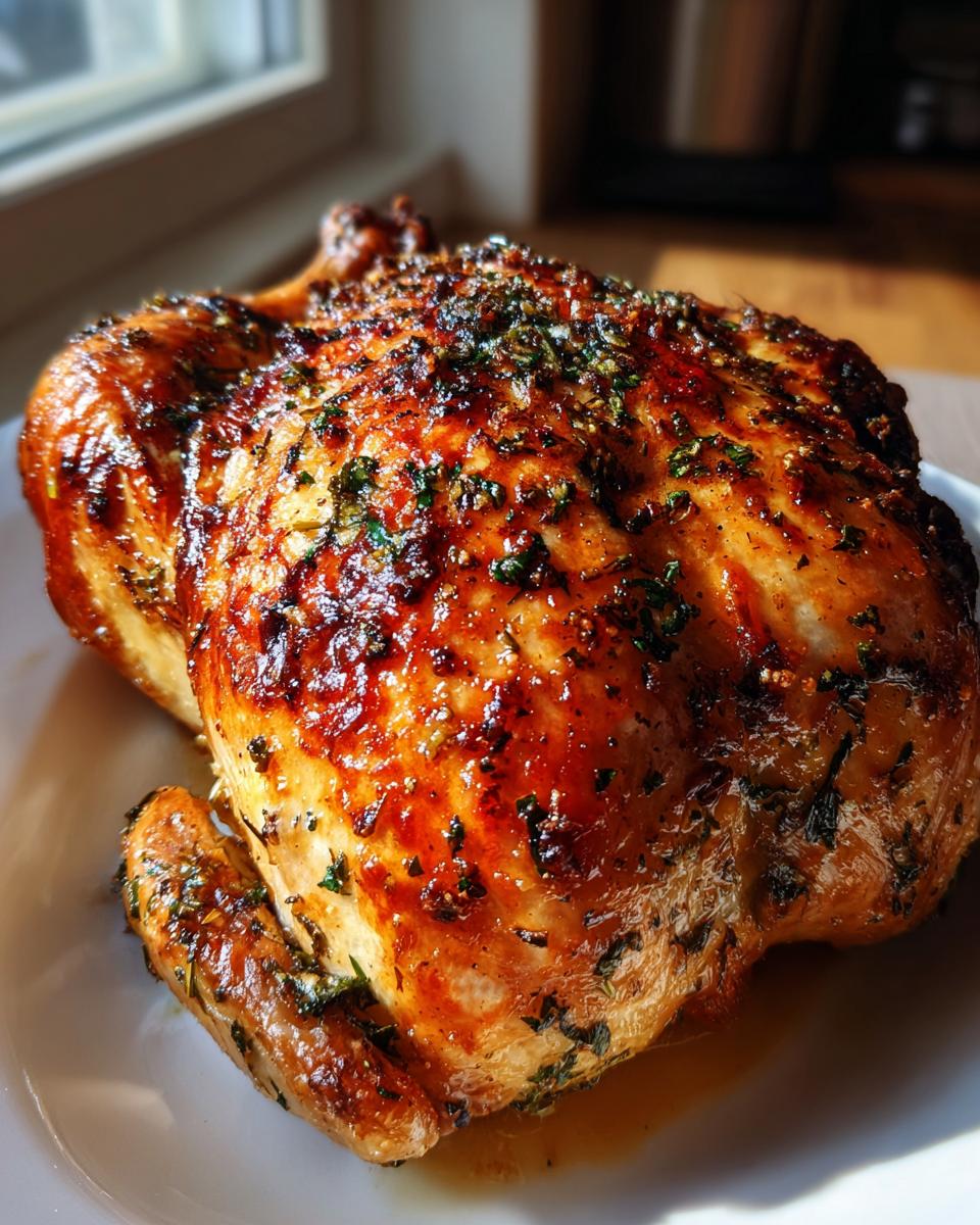 A beautifully golden-brown roasted chicken glistening with juices and covered in herbs on a white plate.